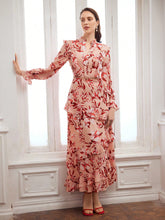 MOTF PREMIUM FLORAL PRINT FLARE SLEEVE RUFFLE TRIM DRESS